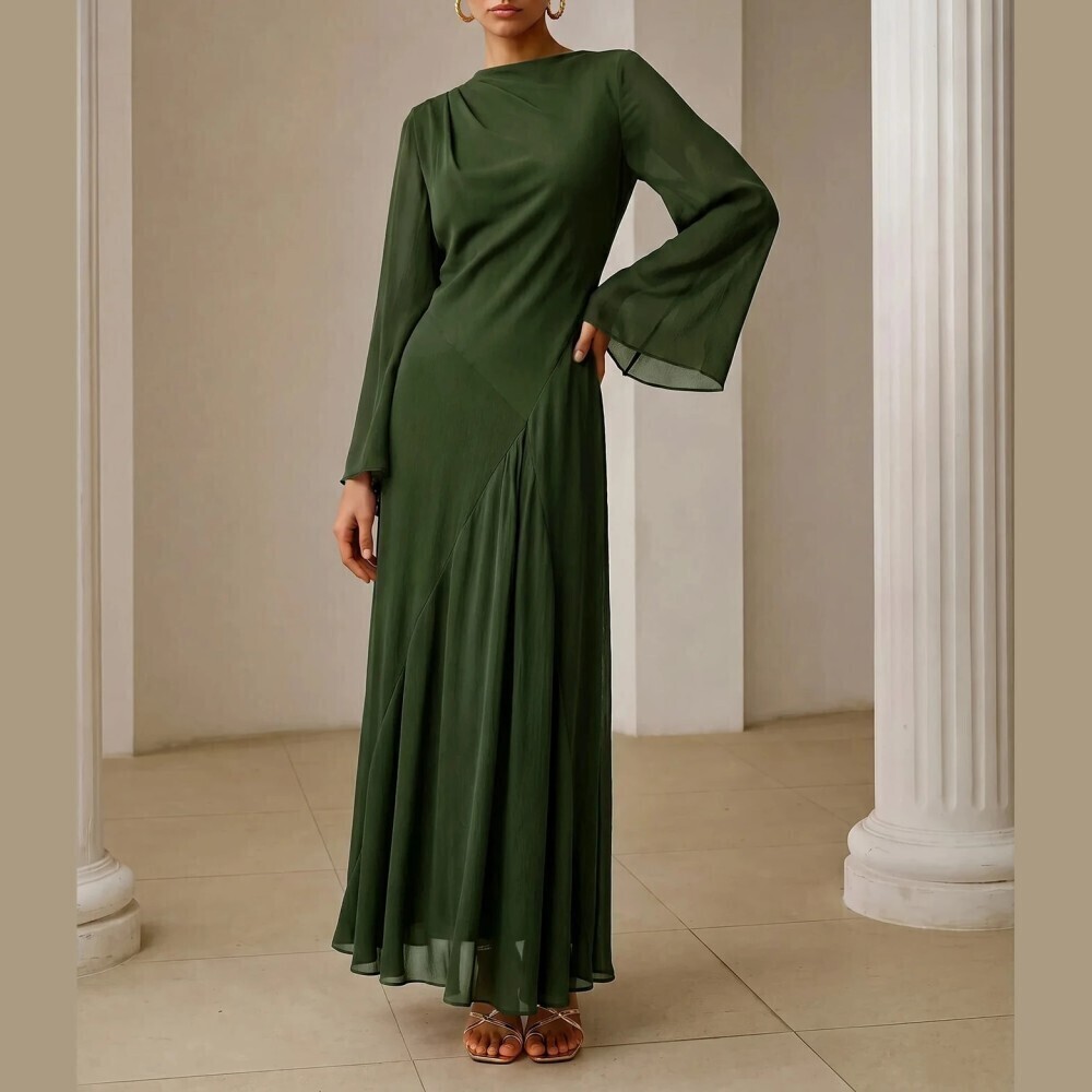 Olive Green Draped Round Neck Bell Sleeve Maxi Dress